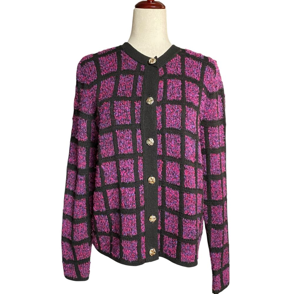 Vtg Laura Alyzia Preppy Checkered Button Front Knit Sweater Womens 10 Pink Black
